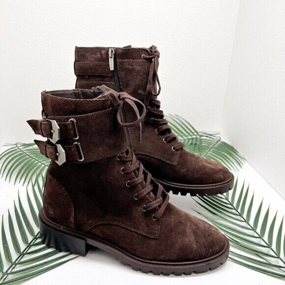 Vince Camuto Fawdry Chocolate Brown Suede Lace Up Combat Ankle Boots 8.5M NWOB - Picture 1 of 11